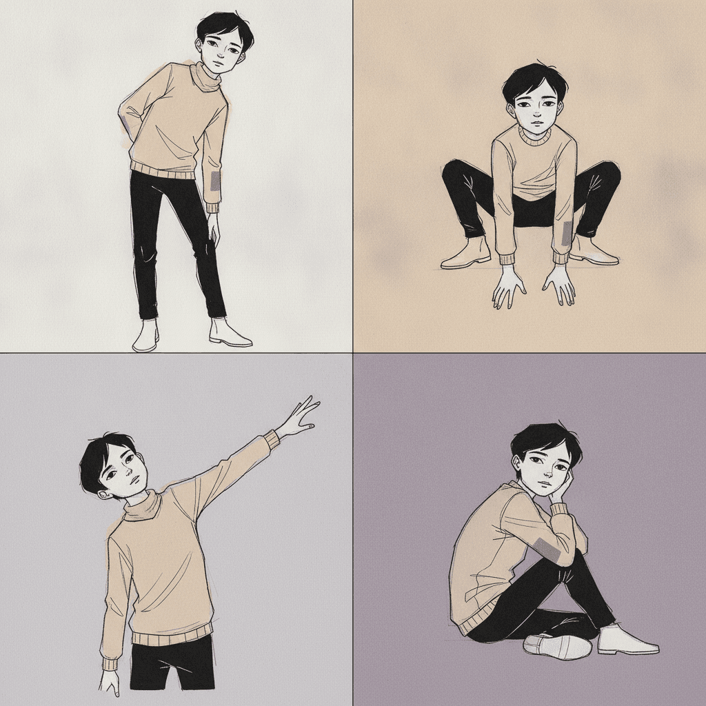 A two-by-two grid of four tinted fields — cream, pale ochre, pale grey-violet and a deeper violet — each holding the same boy in the same ochre roll-neck jumper and black trousers, drawn four times in four off-balance poses: standing with his weight on one leg and his upper body twisted away from his hips with one hand behind his back, crouched low on his heels with his knees wide and both long hands hanging down between them, reaching up and across with one arm fully extended while his head tips back the other way, and sitting on the floor with his knees up and one long hand pressed against his cheek — the same build, the same small head and the same fine broken contour in every quarter