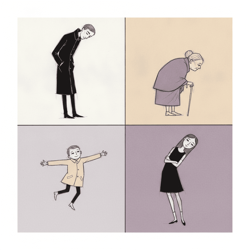 A two-by-two grid of four tinted fields, each holding one figure told apart from the others by build and bearing alone: on cream a very tall, extremely thin man in a long black coat, stooped forward from the shoulders with his head pushed down into his collar and both hands buried in his pockets; on pale ochre a short, round-shouldered grandmother in a wide mauve shawl, turned side-on with her back curved right over and one hand gripping a thin cane; on pale grey-violet a small boy in a cream coat caught mid-hop with both feet off the ground and both arms flung out sideways; and on deeper violet a tall thin girl in a black pinafore dress standing with all her weight on one hip, her arms folded tight across her and her head tipped far over to one side