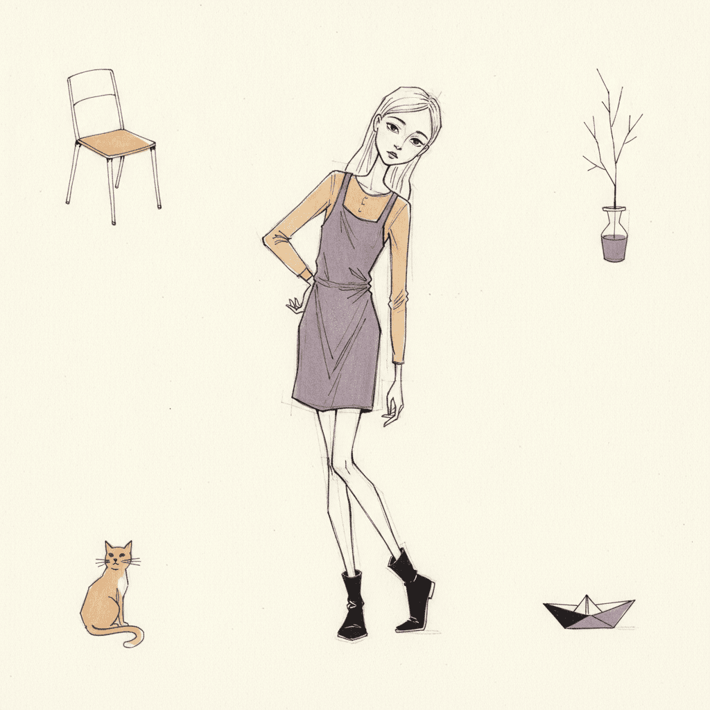 One girl standing alone in the centre of a bare cream square, tall and long-limbed with her head small against her height, wearing a bruised-violet pinafore over an ochre long-sleeved top with black ankle boots, one hand on her hip and her head tipped towards her raised shoulder — her outline broken into short strokes, with several faint lighter attempts still visible beside her torso, her hip and her legs where the pen felt for the edge. Four small objects sit around her on the empty paper: a thin chair with an ochre seat, a bare twig in a narrow jar, a ginger cat sitting with its tail curled, and a small folded paper boat