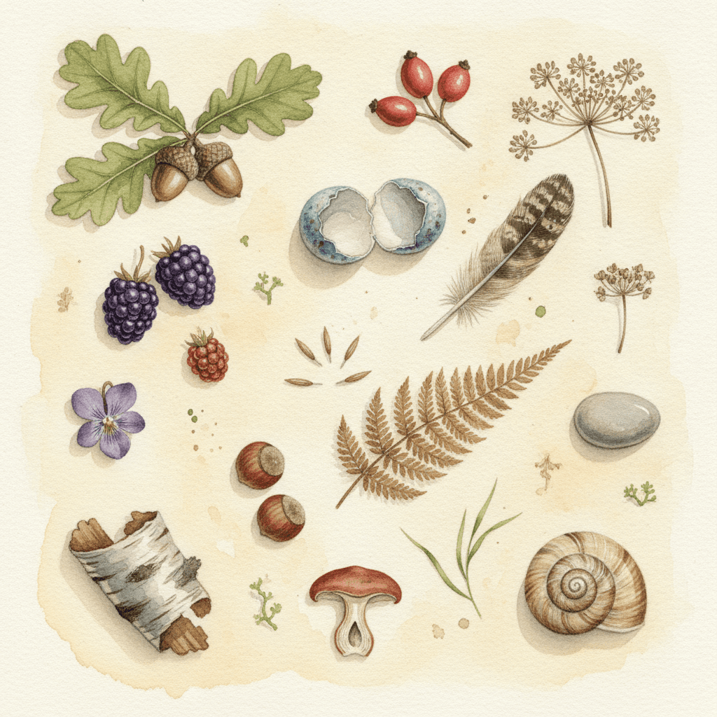A square naturalist watercolour nature-table flat lay of around fourteen found objects spread on warm cream paper — a sprig of oak leaves with two acorns, rosehips, a speckled blue eggshell broken in half, a barred brown owl feather, dried cow parsley heads, blackberries, a violet, a curl of silver birch bark, two hazelnuts, a bracken frond, a grey pebble, a red-capped mushroom cut in half and a banded snail shell