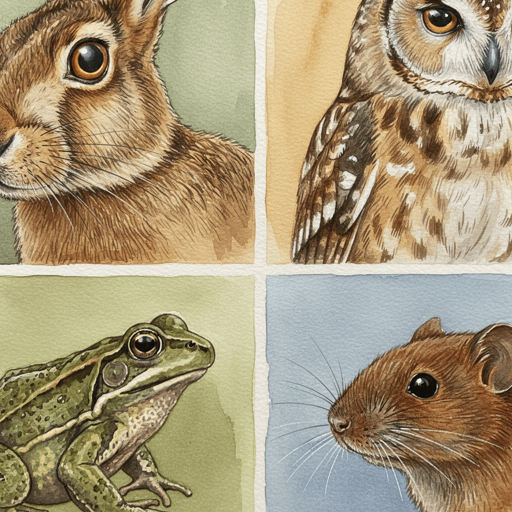 A square two-by-two grid of four very close naturalist watercolour studies — the banded guard hairs and amber eye of a brown hare, the barred cream and chestnut breast feathers of a tawny owl, the olive mottled skin of a common frog, and the white whiskers and wet nose of a field vole — each painted on its own soft ground of sage green, warm ochre, olive and dusty blue