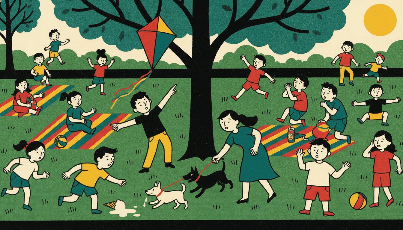 Bold flat illustration of a crowded city park on a hot afternoon with around twenty figures, picnic blankets, a dropped ice cream, two dogs and a kite, where every single figure still reads as its own distinct flat silhouette with its own outline