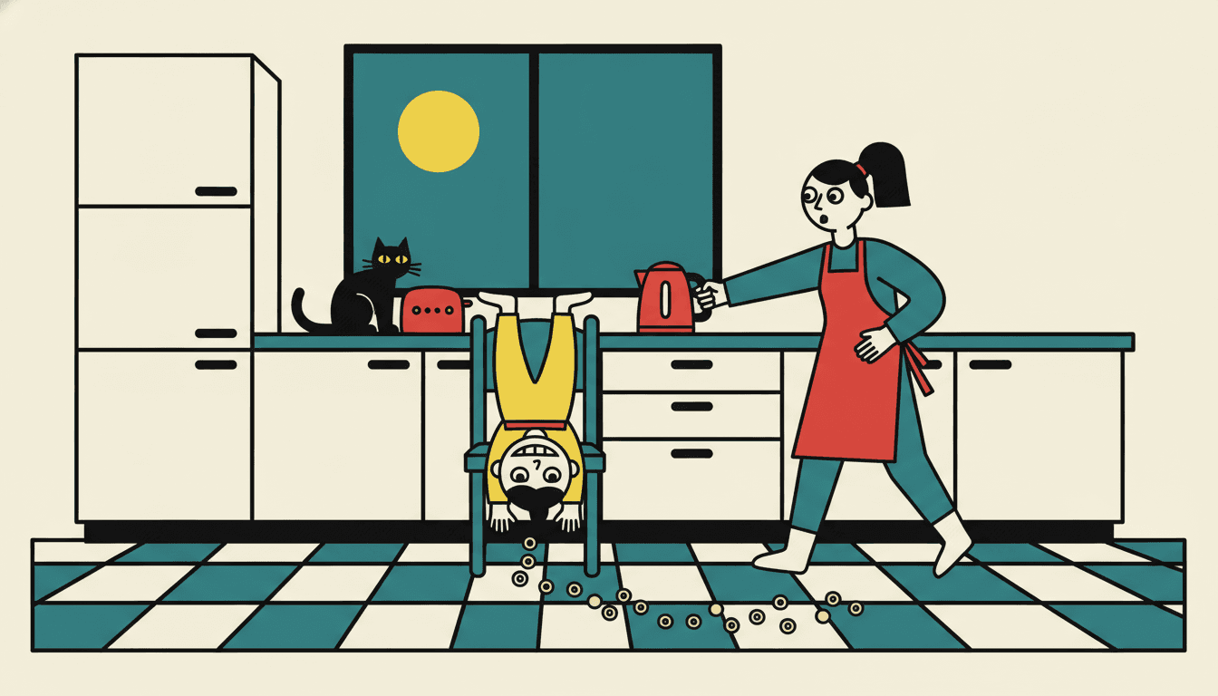 Bold flat illustration of a modern family kitchen at breakfast drawn flat-on like a stage set, a child hanging upside down off a chair, cereal spilled in an arc across the chequered floor, a cat by the toaster and a grown-up frozen mid-reach for the kettle