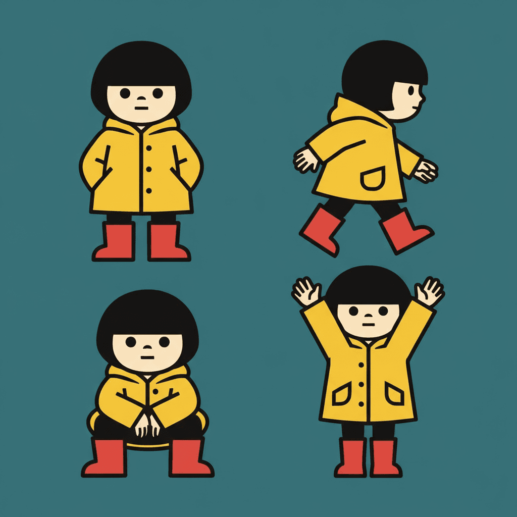 Square bold flat character model sheet showing the same child in four poses — standing, walking, crouching and reaching up — with the identical yellow raincoat, red boots and black bowl-cut hair in every pose, each one a flat silhouette with a thick black contour on a full-bleed teal field
