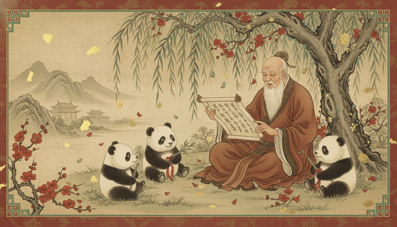 Children picture book illustration in classic Chinese storybook style: a wise grandfather scholar with white beard reading a scroll to baby pandas under a willow tree
