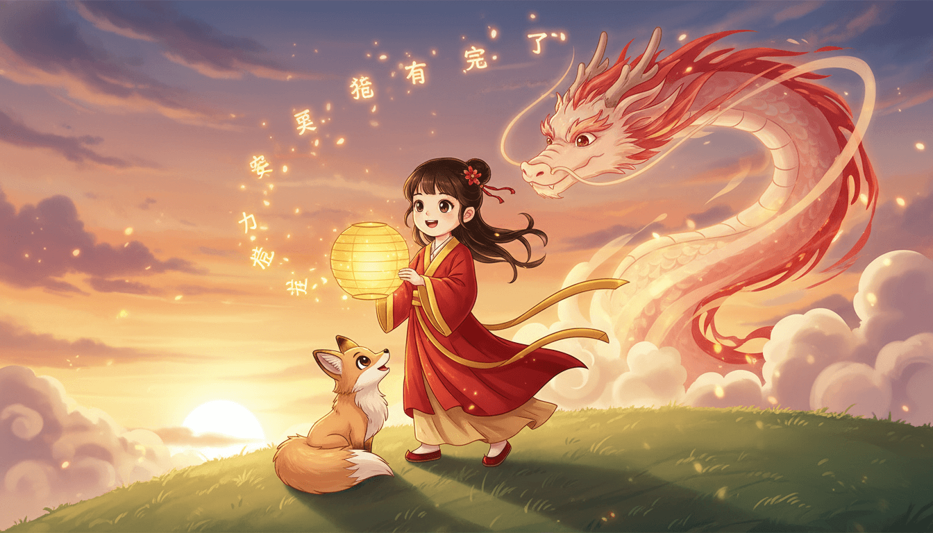 Children picture book illustration in clean donghua Chinese anime kids style: a bright-eyed young hanfu hero girl with flowing crimson sash holding a glowing magical sword on a hill at golden hour