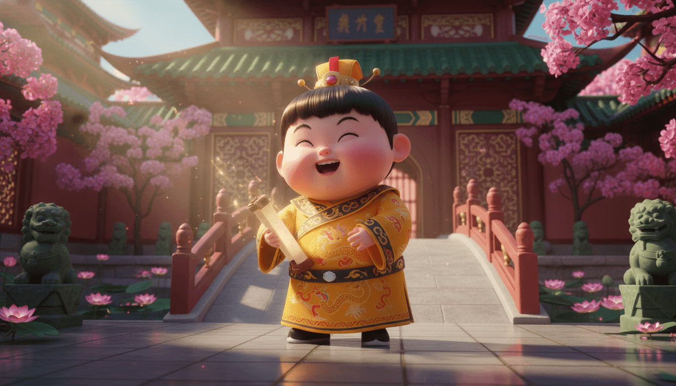Children picture book illustration in modern Pixar 3D donghua style: a chubby cheerful young cartoon emperor child in tiny imperial yellow dragon robes holding a glowing scroll in a Forbidden-City courtyard