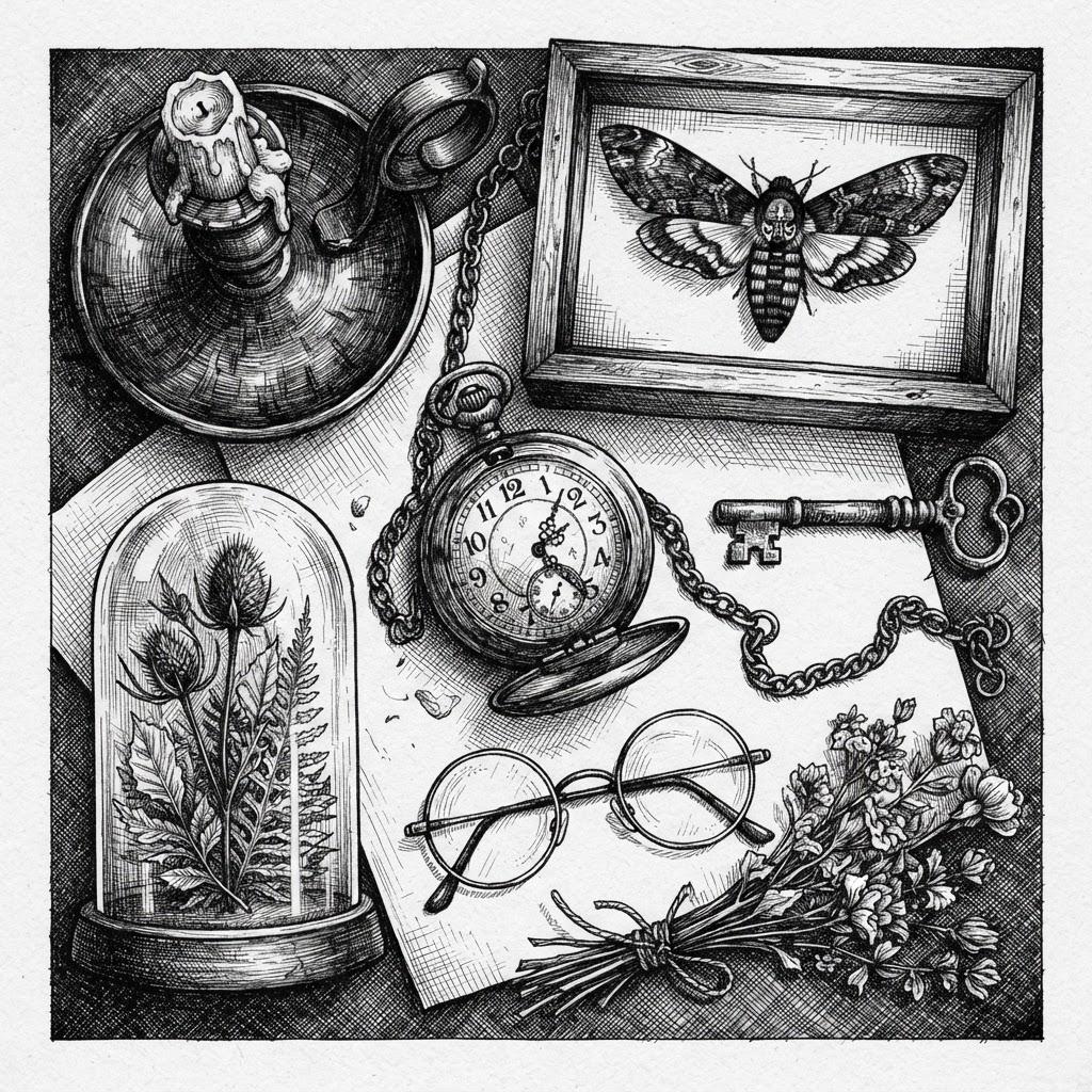 Square engraved ink flat-lay of Victorian curios — a pocket watch on its chain, a guttered candlestick, a framed moth, an old key, a bell jar of dried thistles and wire spectacles — each modelled in dense crossed hatching with bare white paper highlights and no colour anywhere