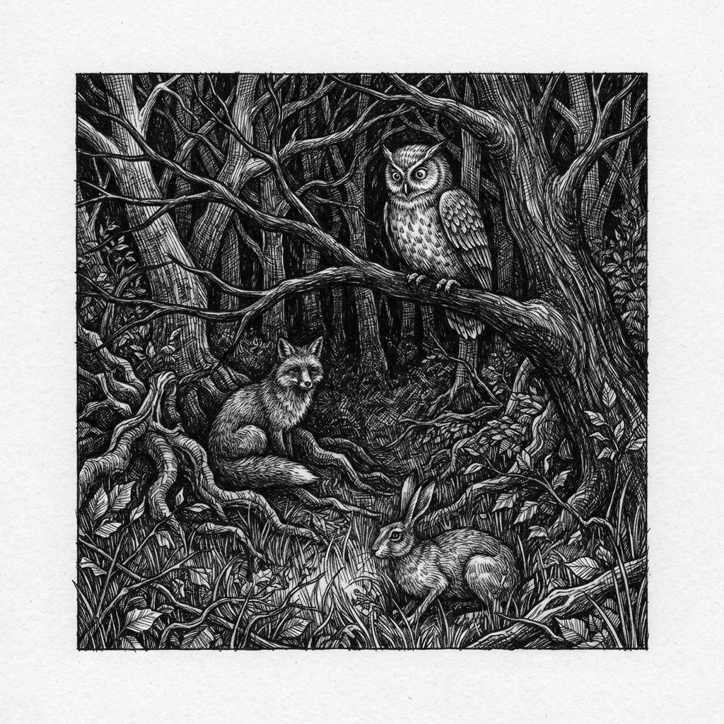 Square crosshatch illustration of a hatched woodland at night with an owl, a fox and a hare, where feathers, fur and grass are each described by a different hatch direction and stroke length