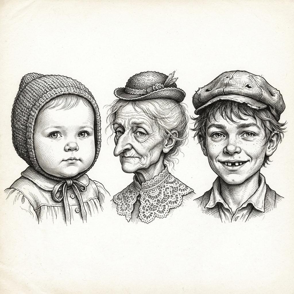 Square crosshatch illustration of three Victorian storybook characters head and shoulders — a round-cheeked baby in a knitted bonnet, a bird-like old woman in a lace collar and a gap-toothed grinning boy in a flat cap — each face modelled in meticulous fine crossed hatching with bare white paper left for the highlights
