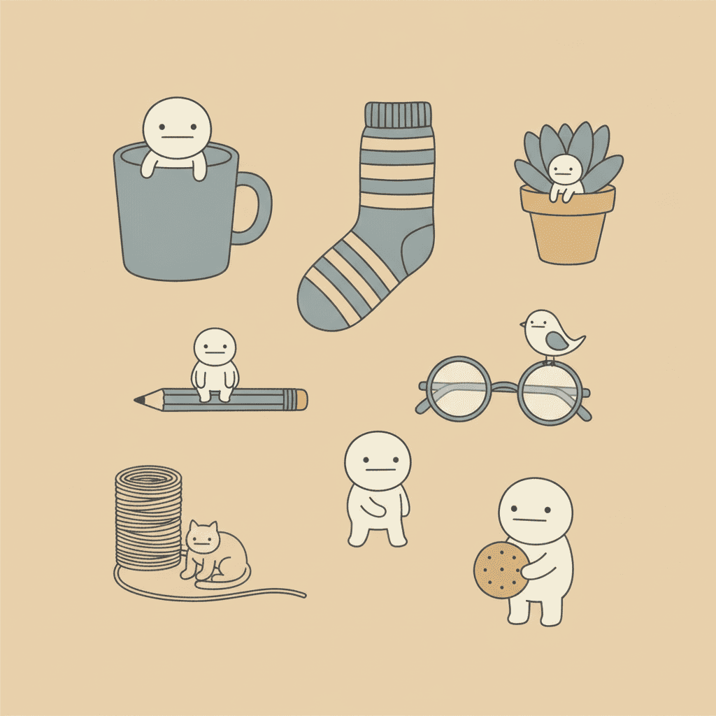 Square deadpan cartoon illustration on a full-bleed beige field of everyday objects drawn flat and unshaded — a mug, a striped sock, a potted plant, a pencil, round spectacles, a coil of string and a biscuit — with tiny blank-faced figures sitting calmly inside the mug, in the plant pot and on the pencil as though that were perfectly normal