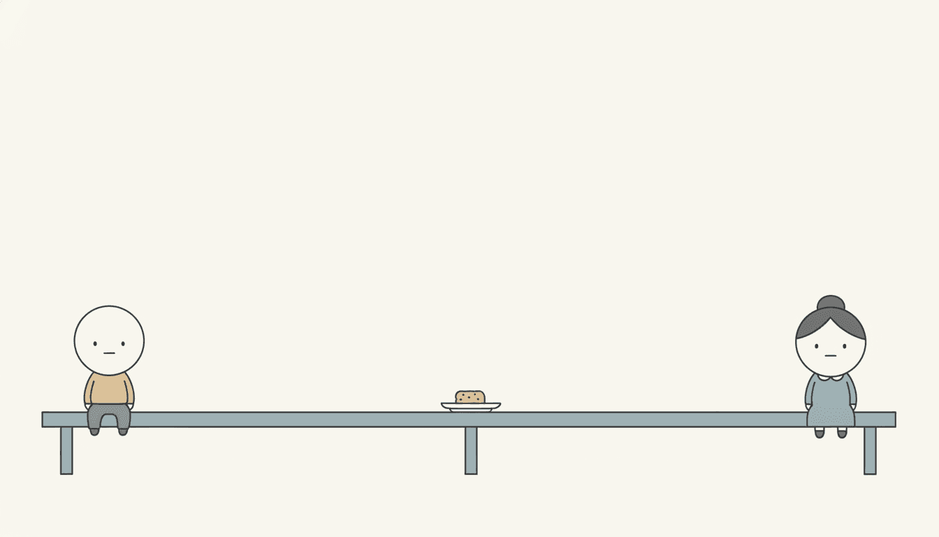 A deadpan cartoon of a very long bench with one small blank-faced child at the far left end and a blank-faced grandmother at the far right end, an enormous expanse of empty space between them, and a single biscuit on a plate placed exactly halfway along