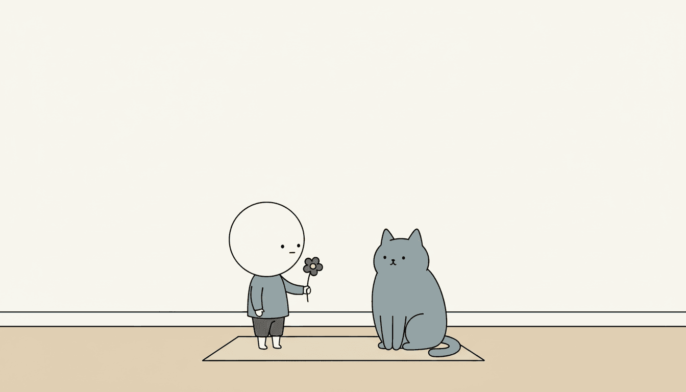 Deadpan cartoon illustration of a small round-headed child holding out a single flower towards a fat grey-blue cat sitting upright at exactly the same height, both with totally blank faces, neither leaning in nor leaning away, in a wide empty room with only a skirting line and a small rug