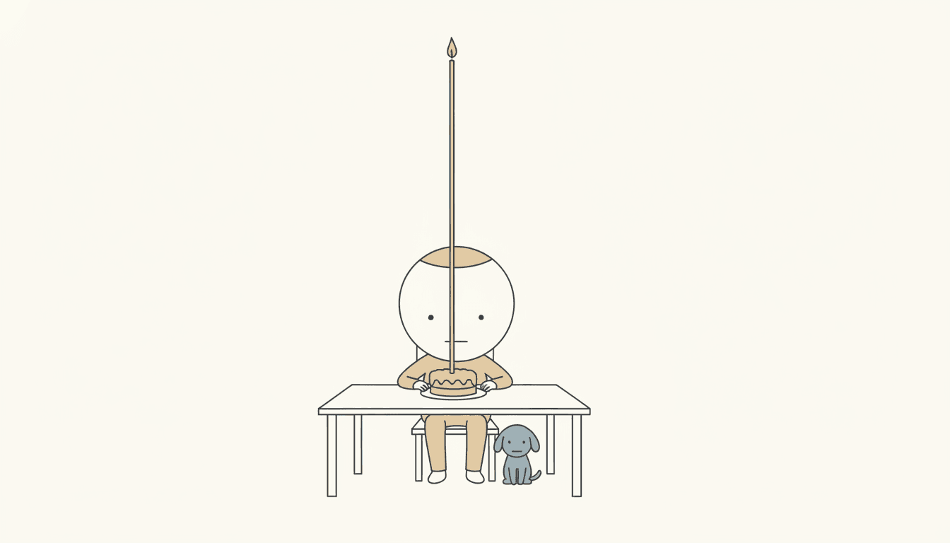 Deadpan cartoon illustration of a small blank-faced child sitting alone at a plain table in a wide empty room in front of a birthday cake whose single candle has grown one absurdly tall thin flame, with the child’s hands resting flat on the table and the face completely unchanged