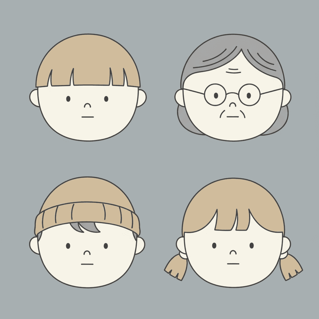 Square deadpan cartoon illustration of four round head-and-shoulders portraits in a two-by-two grid on a full-bleed grey-blue field — a child with a flat fringe, a grandmother in small round spectacles, a boy in a knitted hat and a girl with two short bunches — every face built from exactly two dots and one flat line, all calm and none of them smiling