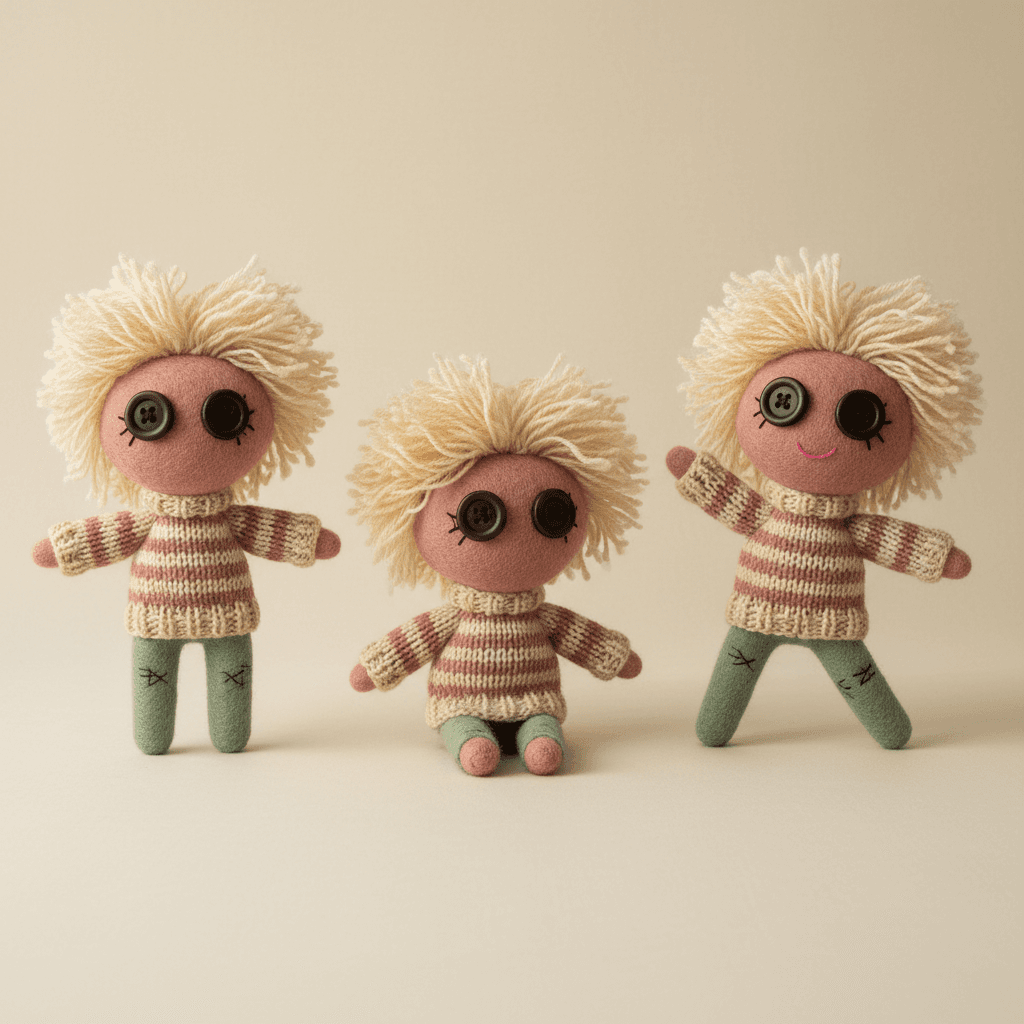 Square felt and knit character model sheet showing the same knitted puppet character in three poses with identical yarn hair, button eyes and hand-knitted sweater