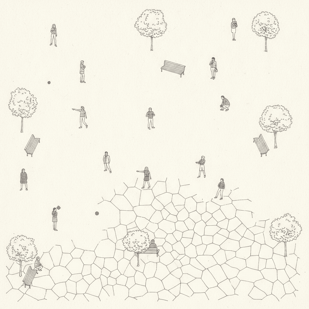 Square fine line bird's-eye view of a plaza with roughly forty very small figures scattered thinly across it, each a few hairline strokes with no face detail but a clearly different posture