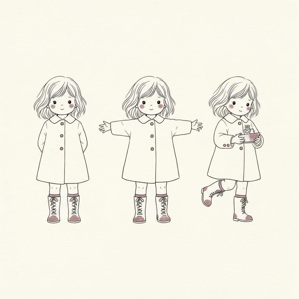 Square fine line character model sheet showing the same small child in three consistent poses with identical hair, dot-and-line features and the same coat and boots, drawn entirely in hairline outline