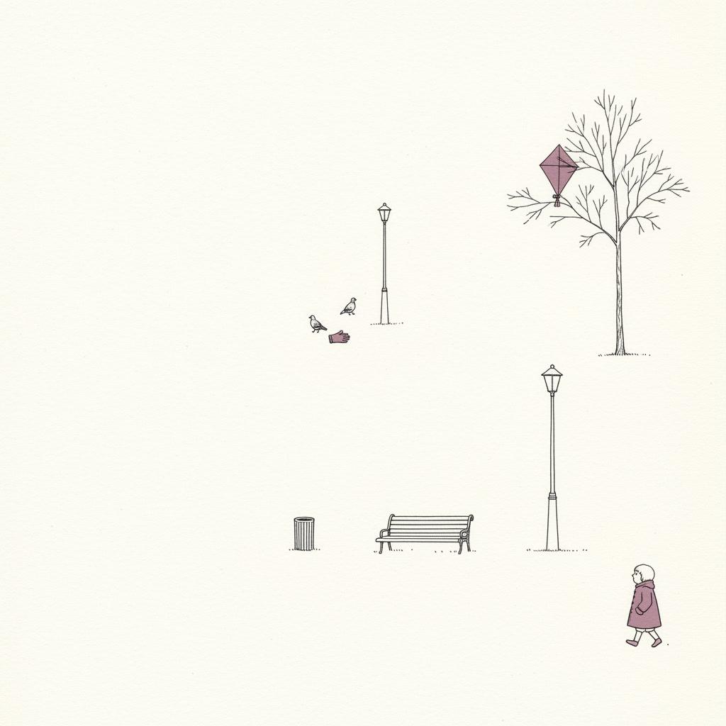 Square fine line illustration of a wide sparse park with one small child walking at the lower right and a bench, a bin, pigeons, a lamp post and a bare tree scattered far apart across generous bare white paper