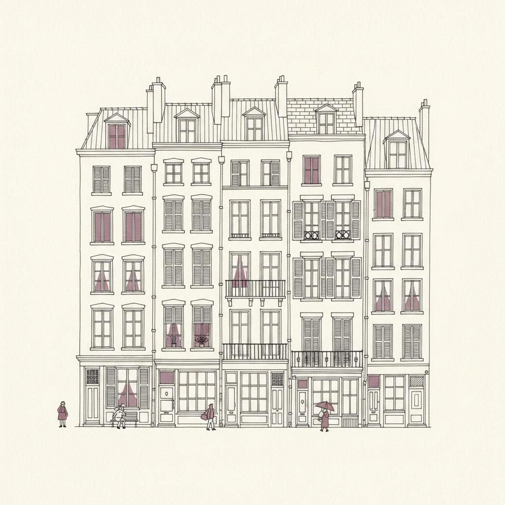 Square fine line illustration of a flat wall of tall narrow townhouse facades where every pane, shutter slat, drainpipe and roof tile is a separate crisp hairline stroke with bare white paper inside every shape