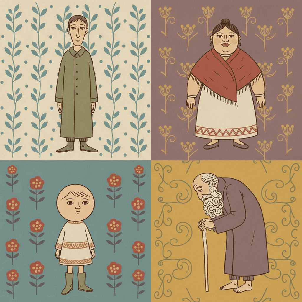 A square of four quarters on patterned cream, plum, teal and ochre grounds, each holding one villager built to deliberately different measurements — a very tall extremely thin man in a long olive coat, a short wide woman in a brick red shawl whose shoulders are twice her hip width, a child whose round head is nearly a third of its height in a cream smock, and a stooped bearded elder leaning on a stick in dull plum