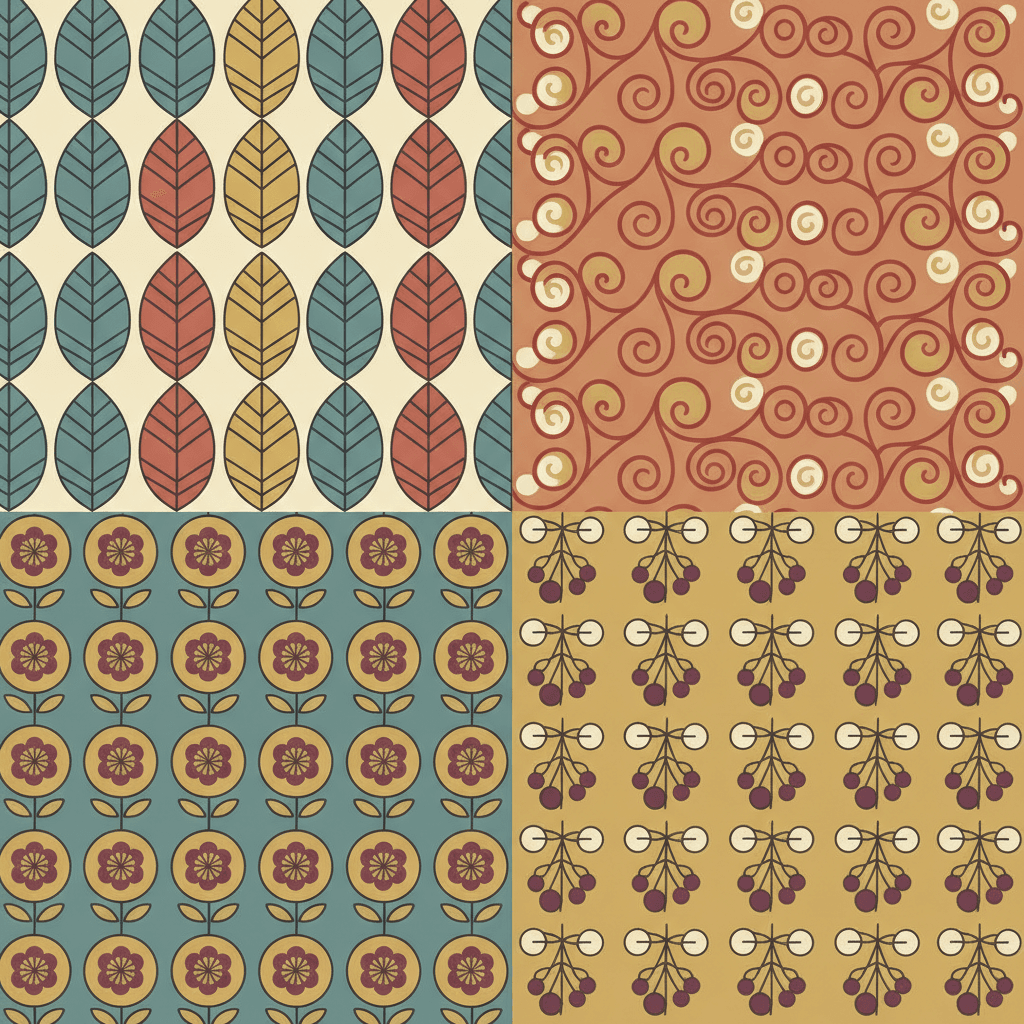 A square of four dense repeating folk patterns running edge to edge with no borders between them — rows of large veined leaves in teal, brick red and ochre on cream, dense red scrollwork with cream and ochre dots on terracotta, orderly rows of plum flowers set in ochre discs on dusty teal, and hanging sprigs of plum berries and cream circles on mustard