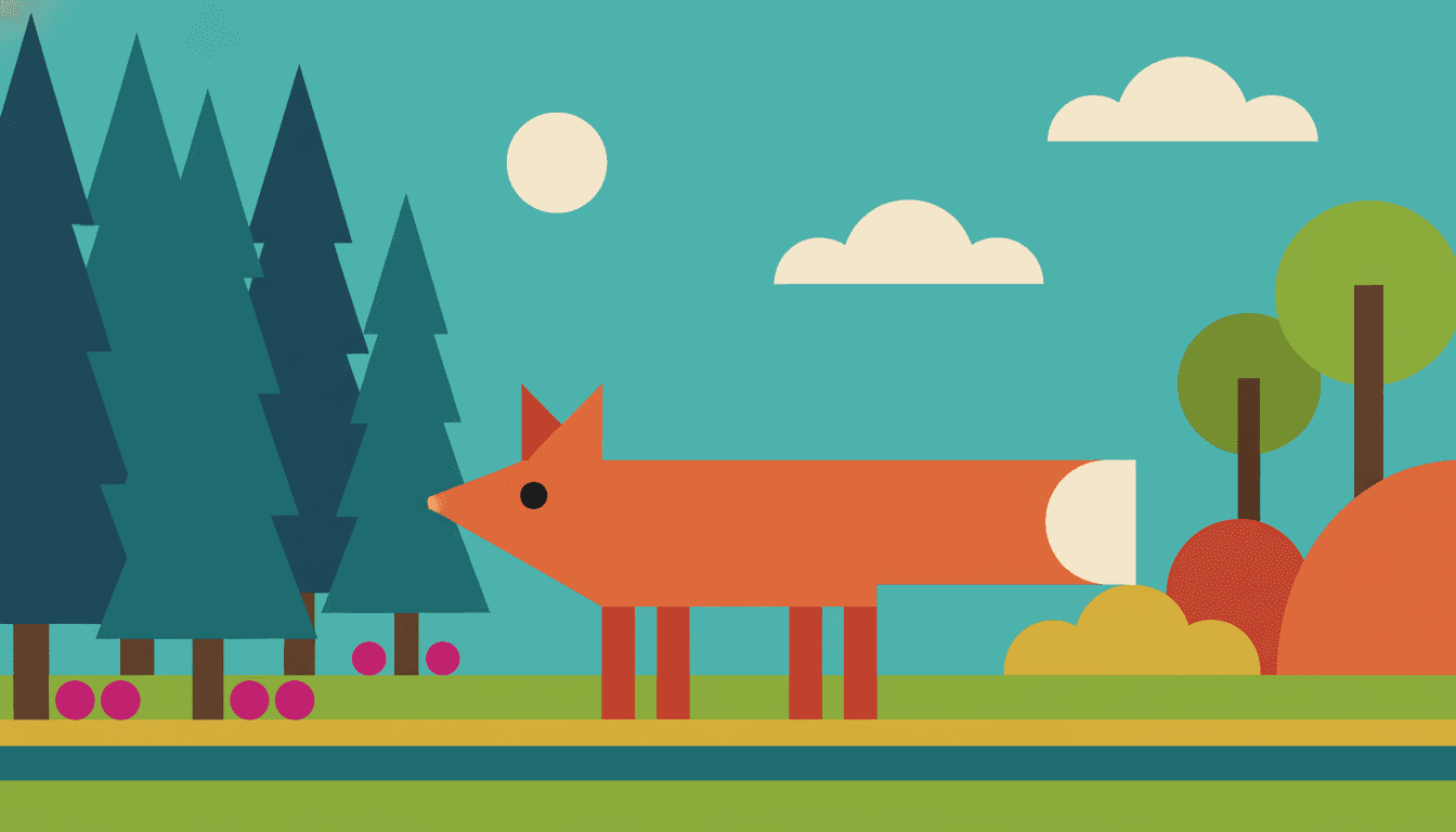 A geometric picture book illustration of a fox built from one long flat orange block body with a pointed triangular head, one upright triangle ear, four vermillion rectangle legs and a single black circle eye, its tail tipped with a cream half-circle, standing against a flat turquoise sky with a cream circle sun, two cream cloud shapes, dark teal triangular pines and magenta circles on the left, round green trees and a mustard bush on the right, and horizontal bands of green, mustard and teal ground