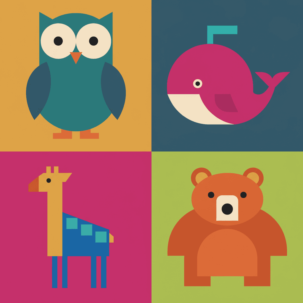 A square of four quarters on mustard, petrol blue, magenta and lime grounds, each holding one animal built from a handful of flat blocks with no outlines — a teal owl with two cream circle face discs and triangle ear tufts, a magenta whale with a cream underside and a turquoise spout, a mustard-necked giraffe with a cobalt body and turquoise square patches, and a burnt-orange bear with a cream muzzle