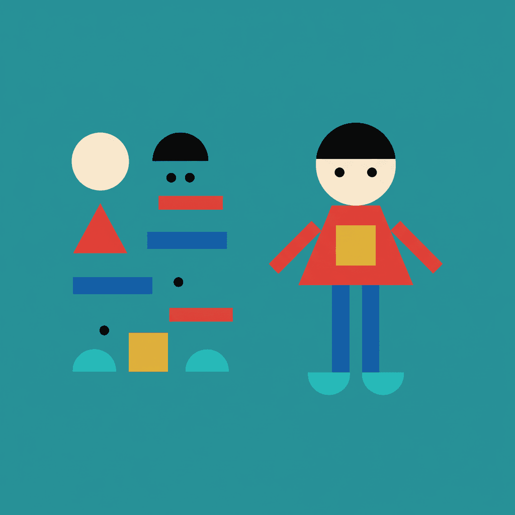 A square on one flat deep teal field showing about a dozen loose flat geometric blocks scattered on the left — a cream circle, a black half-circle, red and cobalt rectangles, a red triangle, turquoise half-circles, a mustard square and small black dots — and on the right those same blocks fitted together into one finished geometric child with a red body, a mustard square patch, cobalt legs and turquoise shoes
