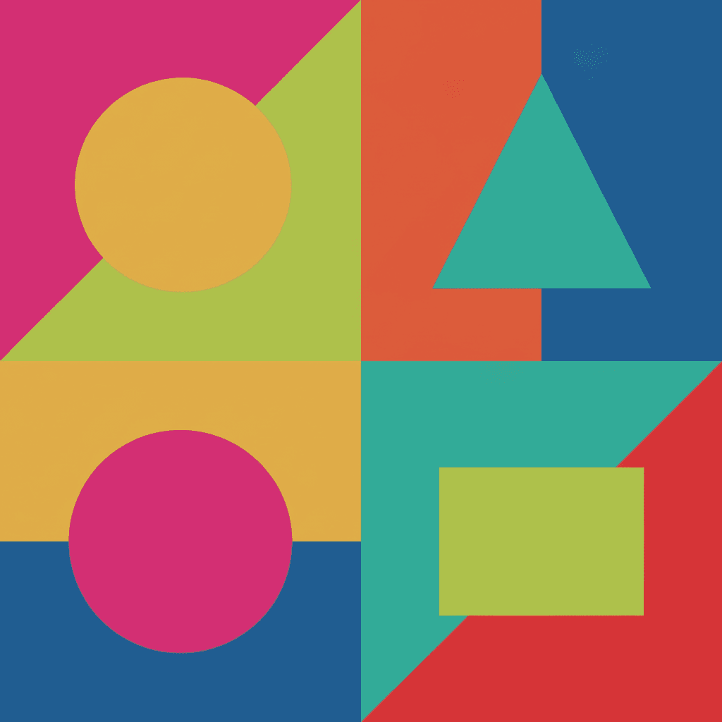 A square of four quarters, each one two strongly saturated flat colours meeting along a single hard edge with no line drawn along it — magenta against lime with a mustard circle lying across the join, orange against deep blue with a teal triangle, mustard against blue with a magenta circle, and teal against red with a lime rectangle