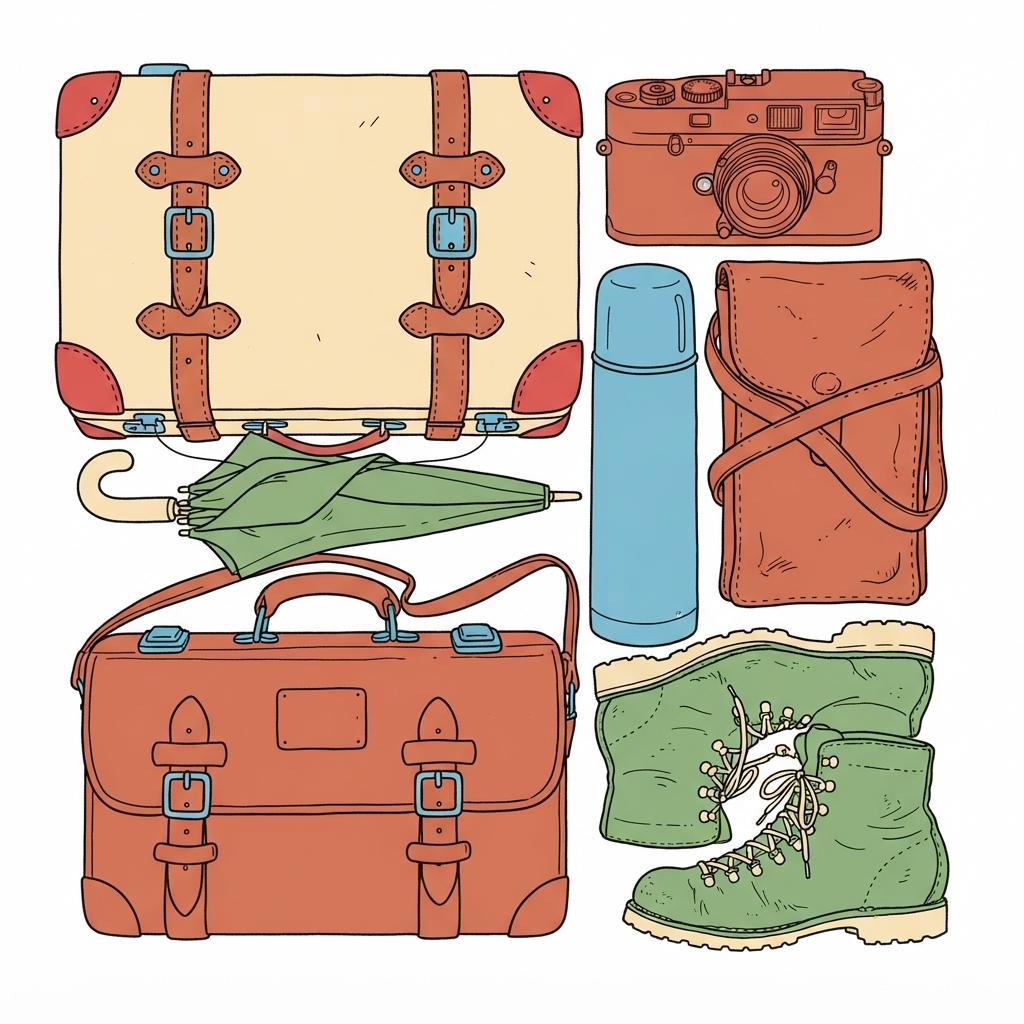 Square clear-line flat-lay of travel objects — a buckled leather suitcase, a folded umbrella, a boxy camera, a flask, a map case and lace-up boots, each with a uniform outline and a single flat fill