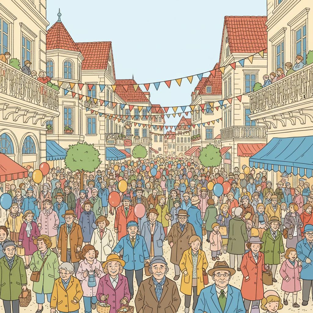 Square clear-line illustration of an old-town festival crowd, dozens of small figures in coats and hats under strung bunting, every figure near or far drawn at exactly the same thin line weight
