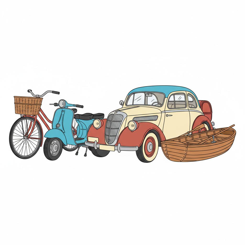 Square clear-line illustration of a bicycle with a wicker basket, a motor scooter, a small rounded vintage car and a wooden rowing boat, each spoke, hinge and plank stated at the same ink weight