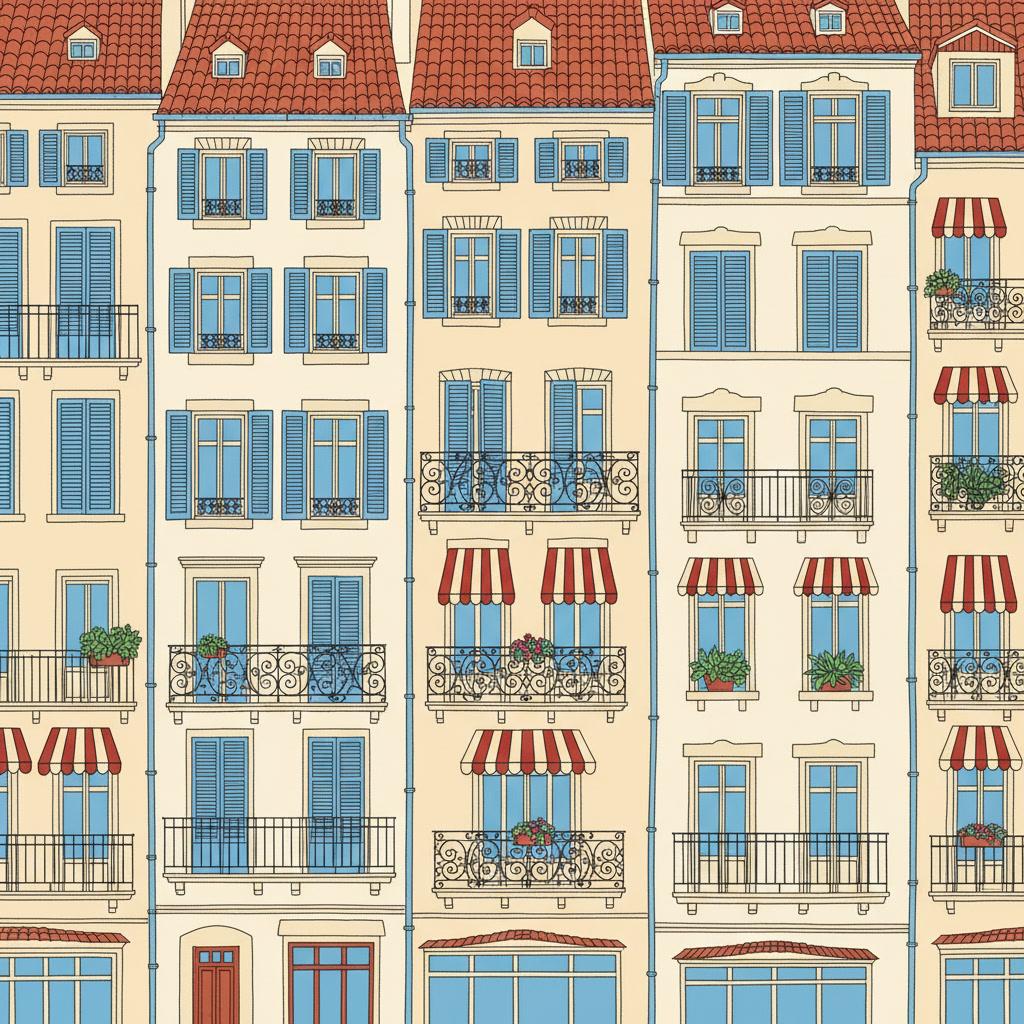 Square clear-line illustration of a flat head-on wall of old-town facades — shuttered windows, striped awnings, wrought-iron balconies and terracotta tiles, each pane outlined evenly and filled with one flat colour