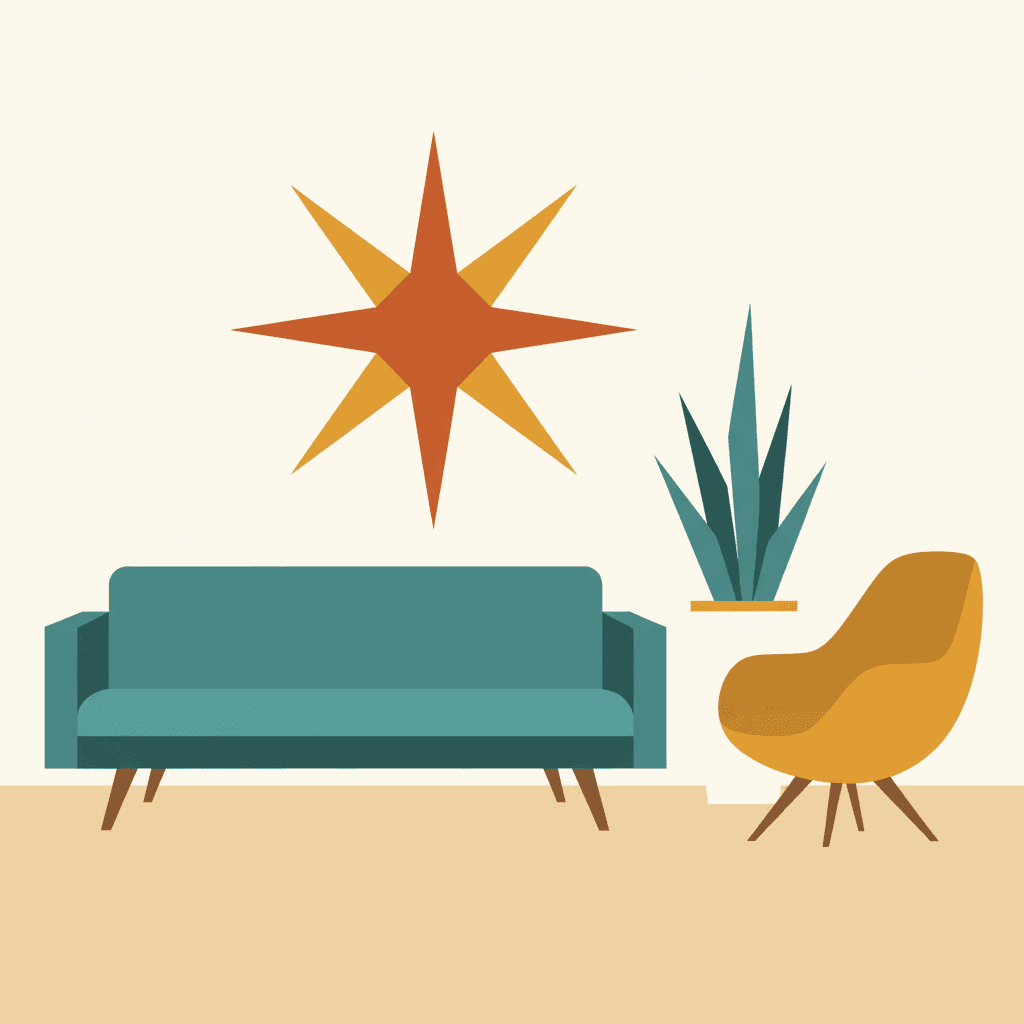 Square mid-century modern illustration of a 1950s living room with a low teal sofa on splayed legs, a mustard egg chair and a starburst wall shape, all in flat colour
