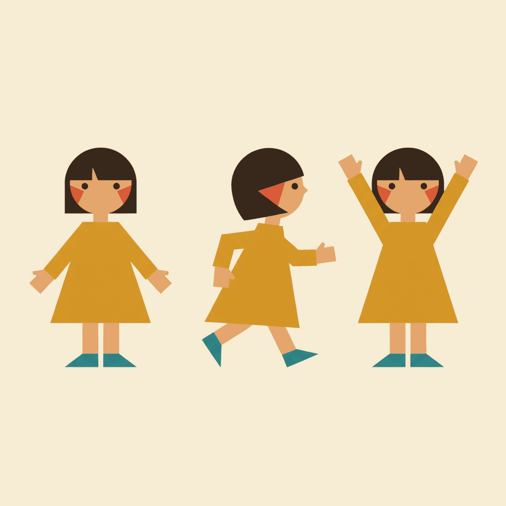 Square mid-century modern character model sheet showing the same geometric child in a mustard trapezoid dress across three poses, with the circle head and accent colours kept identical