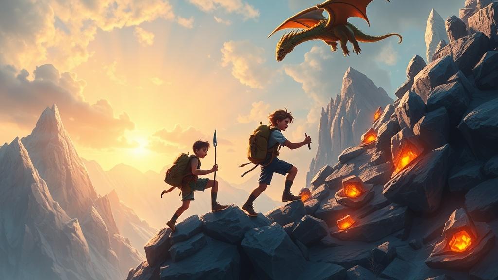 Fantasy art style two young adventurers helping each other climb a magical mountain with glowing crystals illustration