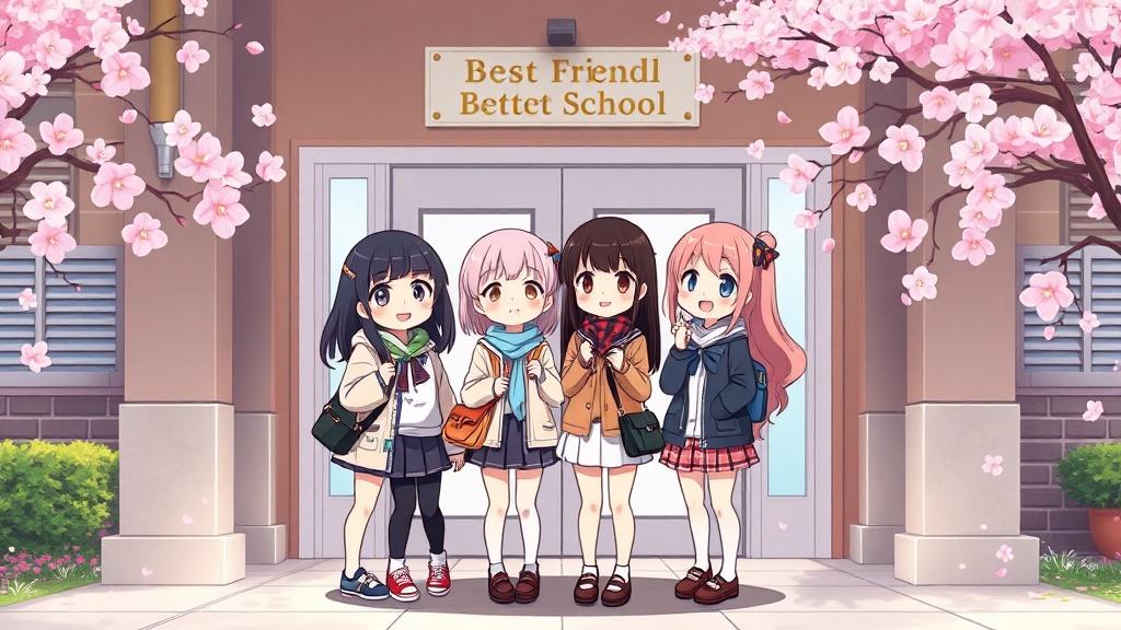Anime chibi style group of best friends posing together at a school entrance with cherry blossoms falling illustration