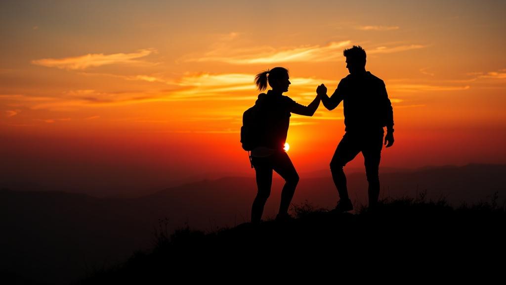 Cinematic style two friends silhouetted against a stunning sunset on a hilltop one helping the other up illustration
