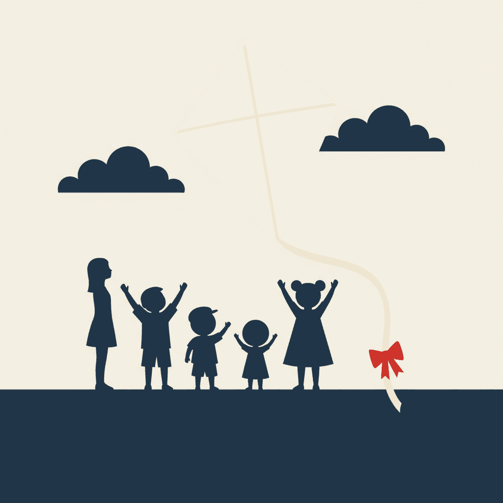 Five navy children of plainly different heights and builds standing in a row on a solid navy ground band against a flat cream sky, all looking up with their arms raised — a tall girl in a dress, a boy with both arms thrown up, a smaller boy in a cap, a small toddler and a girl with two round buns of hair — while above them a large diamond kite shows only as a faint pale outline in the cream sky, its tail curving down to a single red bow