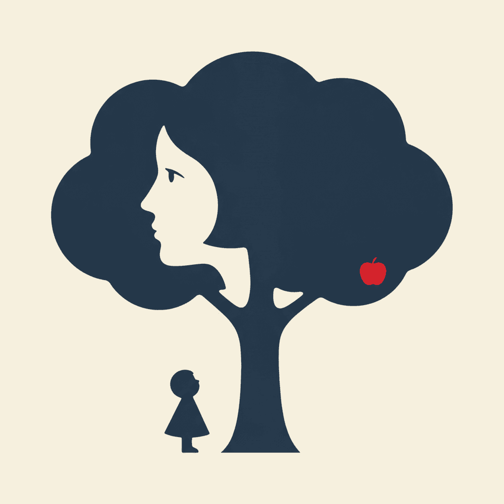 A large solid deep navy tree standing on flat cream, where the cream gap in the left side of the canopy forms a woman's face in profile — forehead, nose, lips, chin and throat all drawn by the edge of the navy foliage, with the canopy above reading as her hair — while a small navy child in a dress stands at the foot of the trunk looking up, and one red apple hangs in the right of the canopy