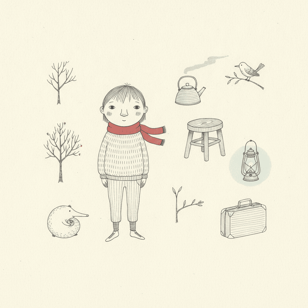 Square nordic whimsy page on cream paper with one child in a knitted jumper and red scarf standing slightly left of centre, surrounded by small separate drawings of two bare trees, a kettle, a stool, a lantern, a suitcase, a bird on a branch and a round long-snouted creature, with calm empty paper left in the gaps