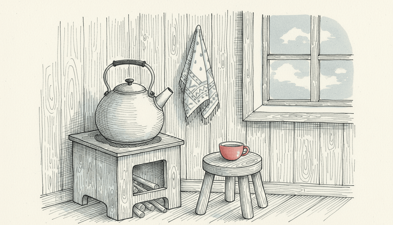 A close view of a kettle on a small stove drawn in fine ink, where every shadow is visibly built from separate thin parallel hatching strokes with cream paper showing between the lines rather than from any smooth grey wash, with one small red cup on a stool nearby