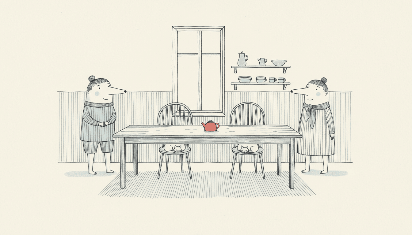 Wide quiet kitchen drawn in thin ink lines with light hatched shadows, a long plain table, two spindly chairs, a shelf of pale blue pots and two gentle long-nosed figures standing at either side, with a single small red teapot in the middle of the table as the only warm colour in the picture