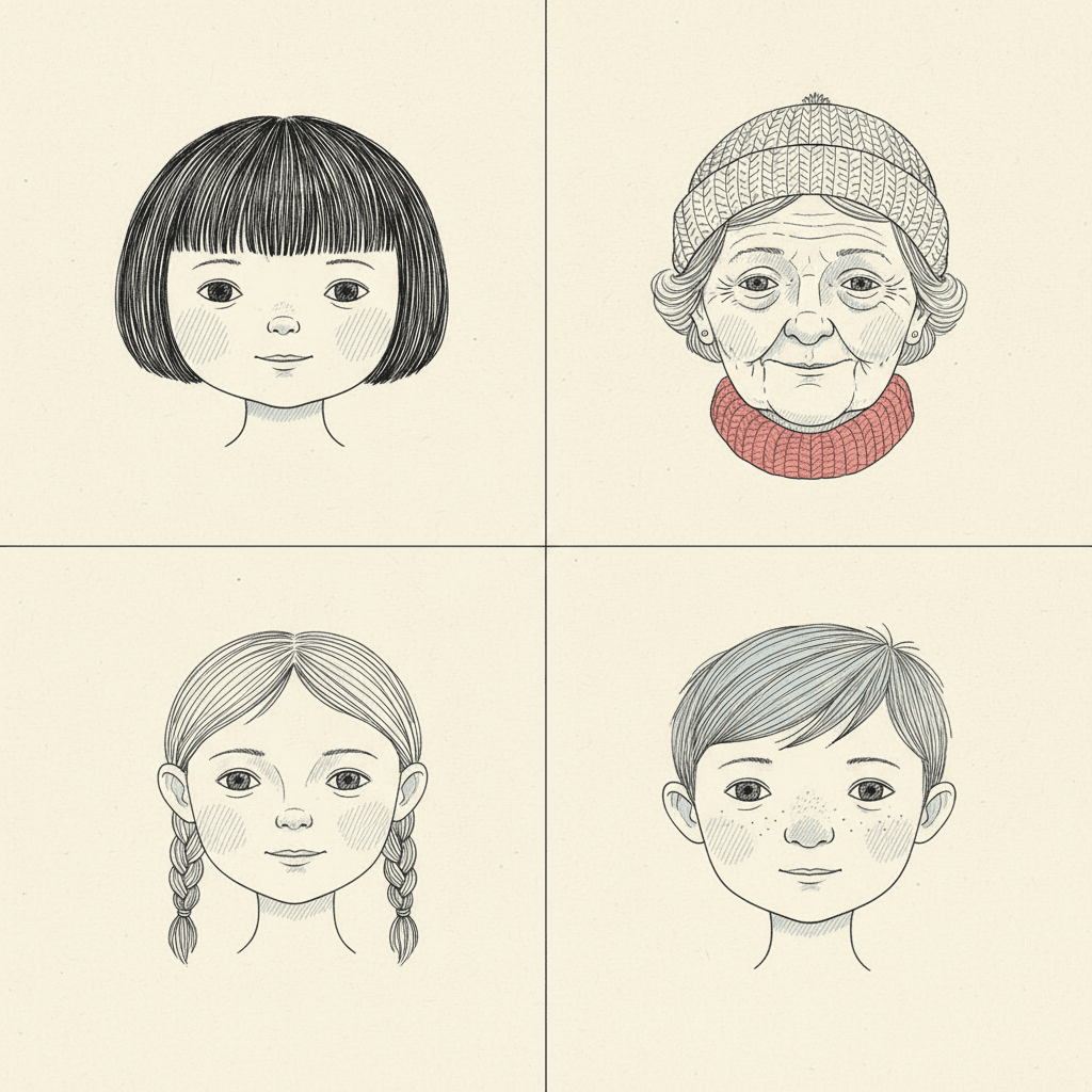 Square four-panel sheet on cream paper showing four head-and-shoulders portraits — a child with a dark bob, an elderly woman in a knitted hat, a young person with plaits and a freckled boy — each drawn in fine ink line with delicate hatching on the cheeks, all calm and gently friendly, with one soft red collar as the only warm colour
