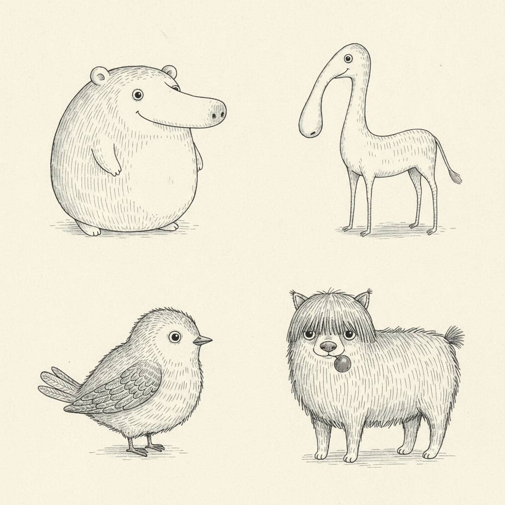 Square sheet on cream paper showing four gentle invented creatures drawn in fine ink line with hatched fur — a round long-snouted animal, a tall spindly creature with a drooping nose, a plump woolly bird and a shaggy four-legged animal with a fringe over its eyes — each faintly comical rather than frightening