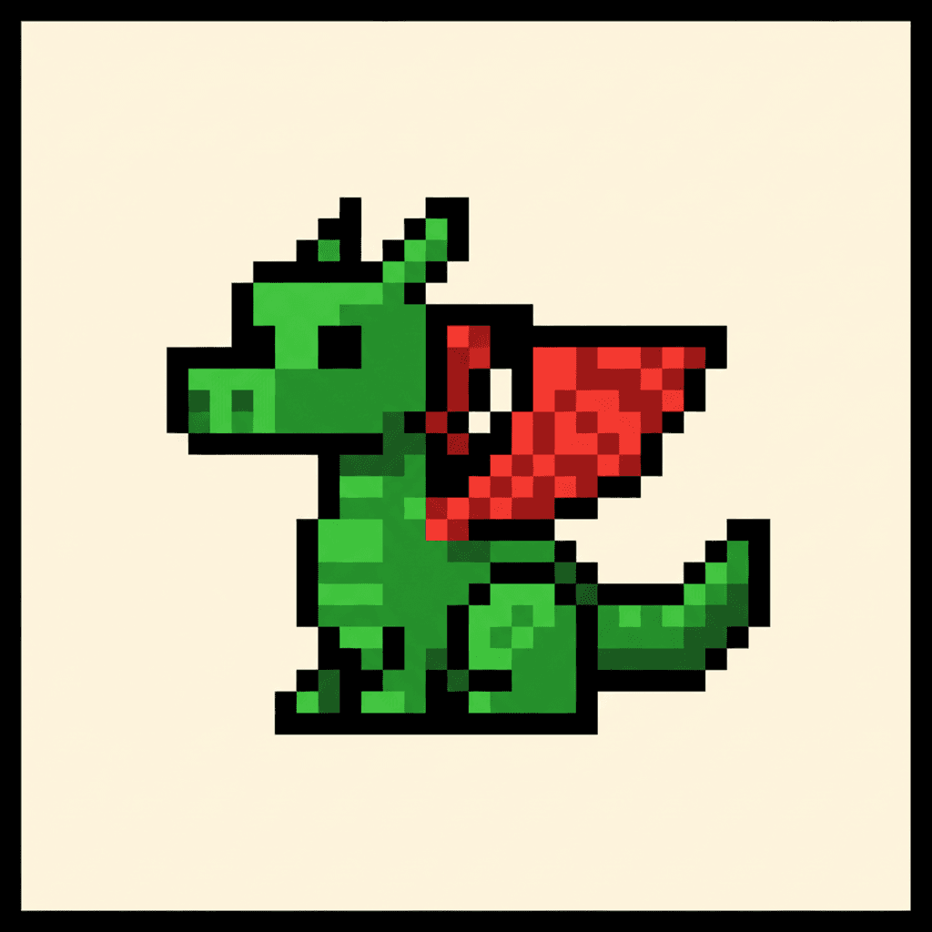 Square pixel art illustration of a small blocky dragon with flat green scales and chunky red wings, shaded with dithered checkerboard patterns