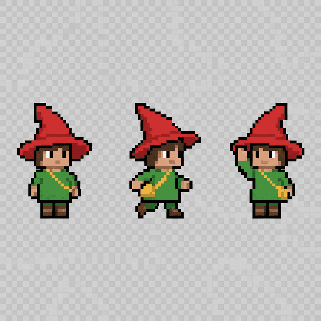 Square pixel art character model sheet showing the same blocky child in a red hat and green tunic across three poses, with the hat shape and accent colours kept pixel-identical