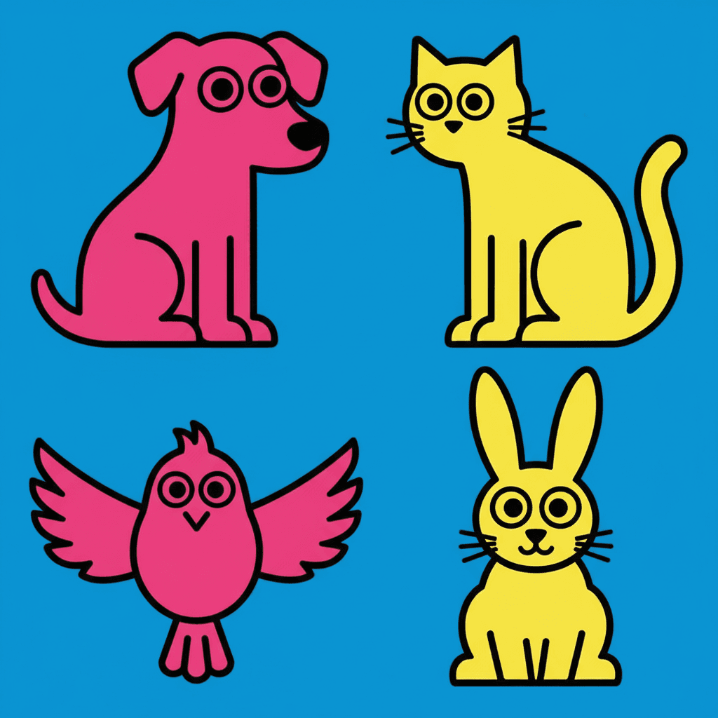 Square pop art illustration of four flat animals on a full-bleed electric blue field — a hot pink dog sitting upright, a lemon yellow cat in profile, a hot pink bird with wings spread and a lemon yellow rabbit — each one a bold flat shape with a thick black outline and the same round bulging eyes