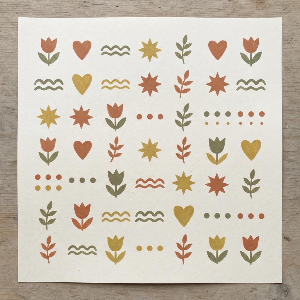 Square sheet of hand-painted Scandinavian folk motifs — tulips, hearts, scalloped waves, eight-pointed stars and leaf sprigs — in matte terracotta and olive on cream paper